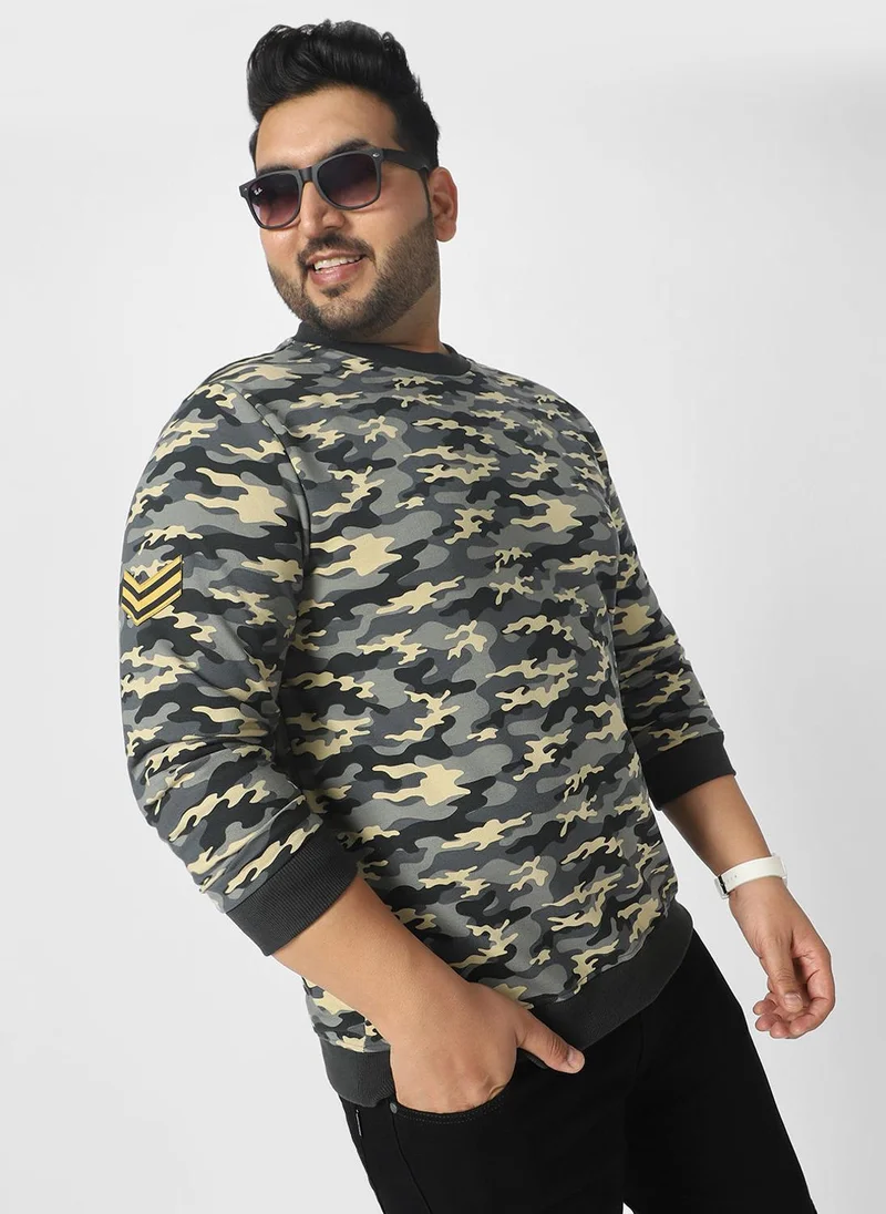 Urbano Plus Men's Grey Cotton Camouflage Printed Round Neck Sweatshirt